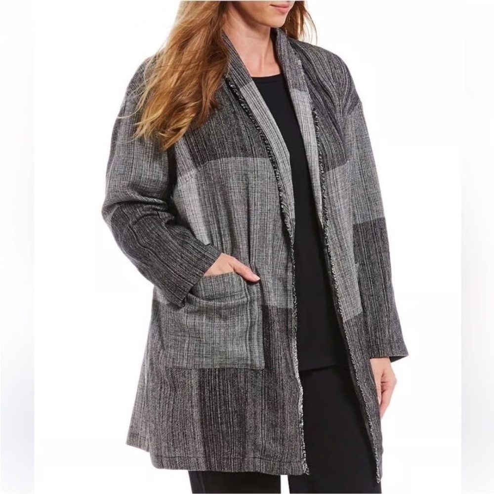 Eileen Fisher L/XL Organic Cotton Hazy Blocks Shawl Cardigan Jacket Fringe